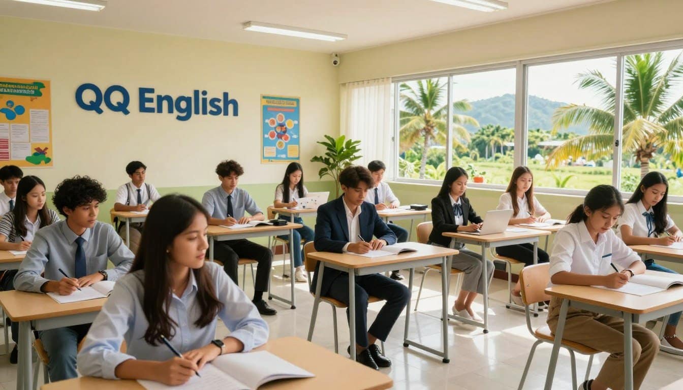 A modern English language school, QQ English, set in the vibrant landscape of the Philippines. In the foreground, diverse students of various ethnicities, all dressed in professional business attire, engage in interactive lessons, showcasing their enthusiasm for learning. In the middle ground, an inviting classroom with large windows allowing natural sunlight to flood in, decorated with educational posters and plants. The background features a beautiful tropical setting with palm trees and distant hills, symbolizing the lively atmosphere of the Philippines. Soft, warm lighting enhances the scene, creating a welcoming and inspiring ambiance. The image captures the essence of a dynamic learning environment focused on English language education. A modern English language school, QQ English, set in the vibrant landscape of the Philippines. In the foreground, diverse students of various ethnicities, all dressed in professional business attire, engage in interactive lessons, showcasing their enthusiasm for learning. In the middle ground, an inviting classroom with large windows allowing natural sunlight to flood in, decorated with educational posters and plants. The background features a beautiful tropical setting with palm trees and distant hills, symbolizing the lively atmosphere of the Philippines. Soft, warm lighting enhances the scene, creating a welcoming and inspiring ambiance. The image captures the essence of a dynamic learning environment focused on English language education.